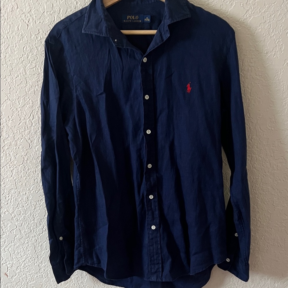 Polo by Ralph Lauren Men's Dark Blue Button Down Shirt Linen